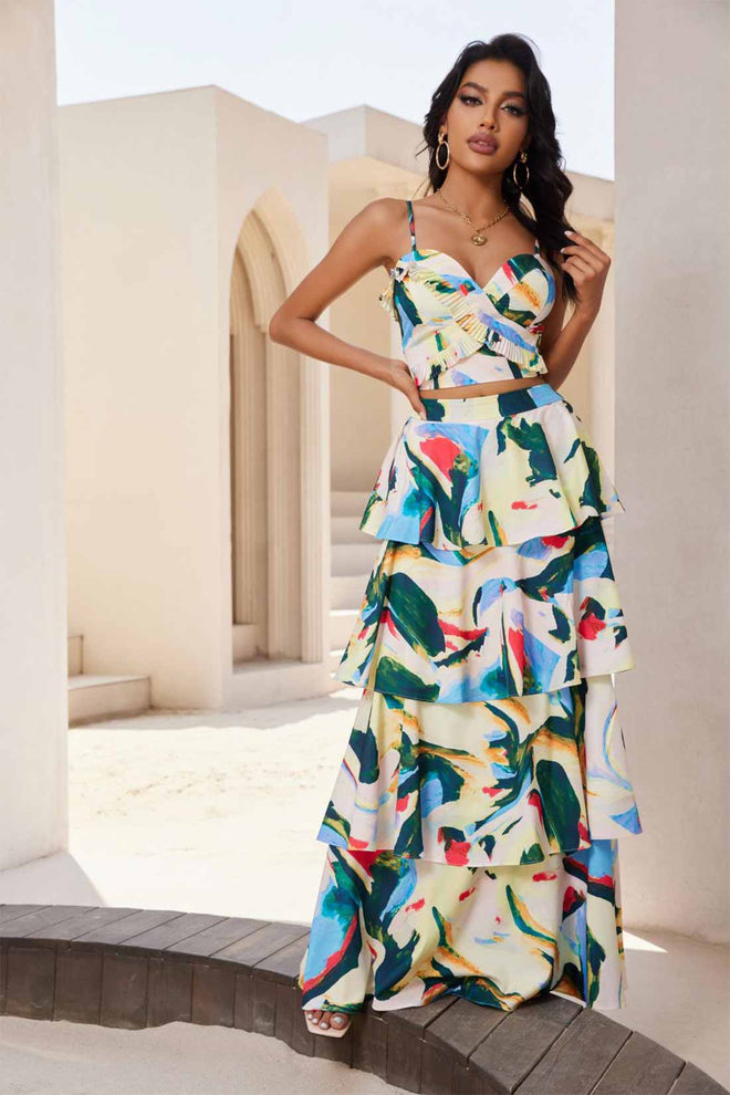 Nora Blue Printed Layered Skirt Set