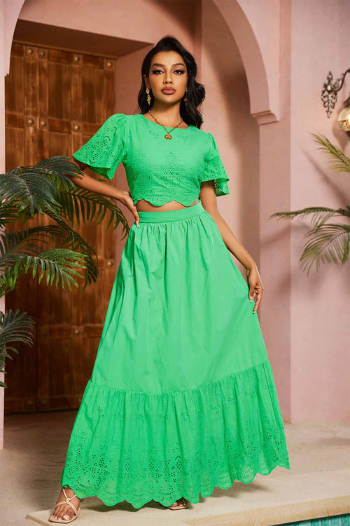 Nova Green Solid Eyelet Skirt Set