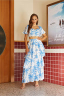 Elena Light Blue Palms Skirt Set
