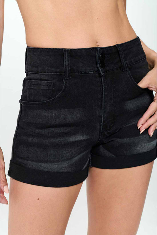 Greta Black Mid Rise Denim Shorts detail