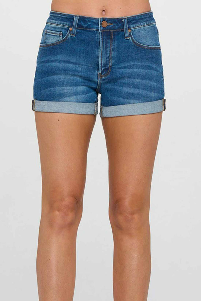 Ani Dark Denim Mid Rise Cuffed Shorts