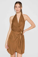 Brown Halter Overlap Mini Dress