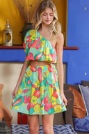 Green Printed One Shoulder Mini Dress front