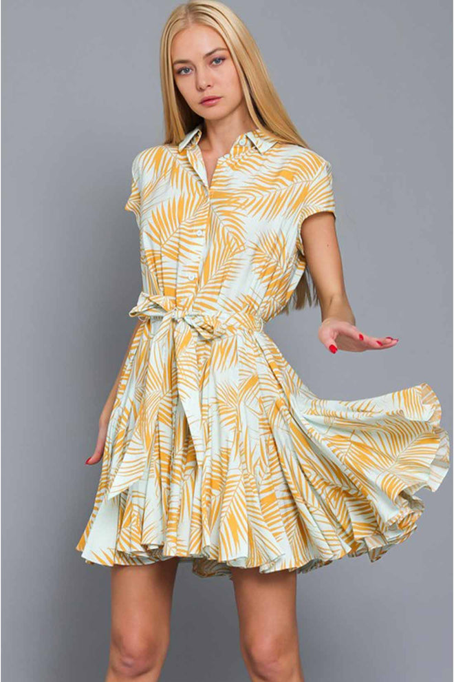 Lara Light Blue Printed Palms Mini Dress