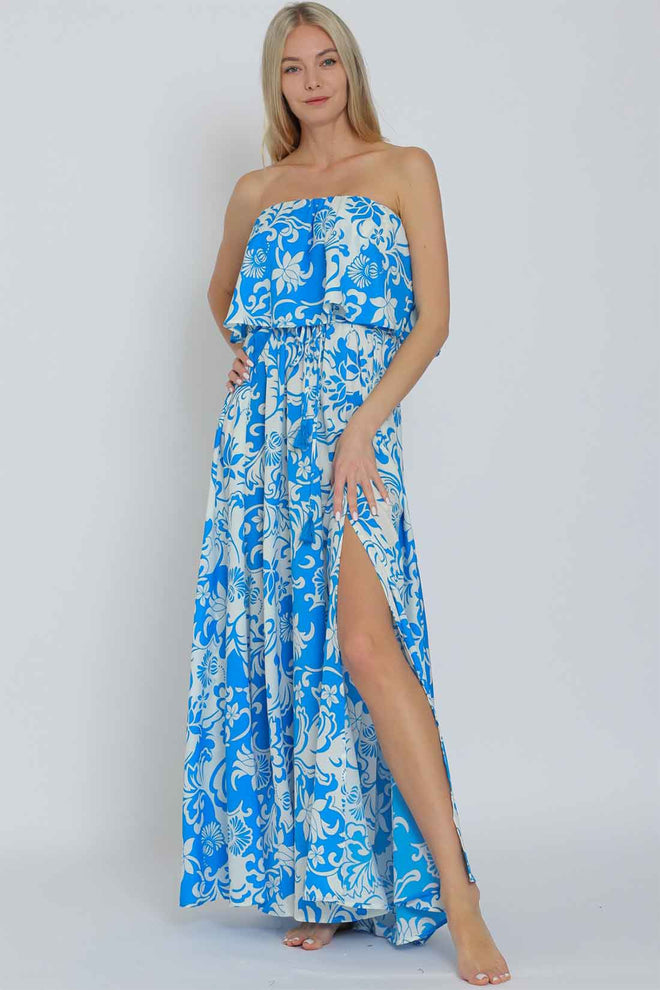 White Blue Tube Maxi Dress