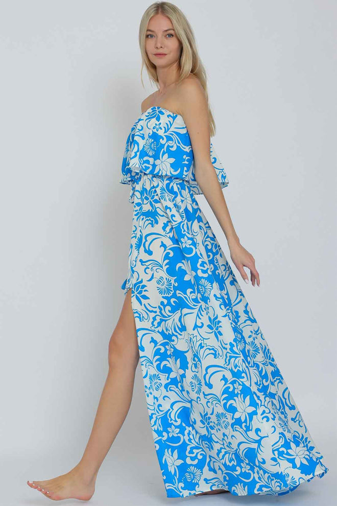 White Blue Tube Maxi Dress side