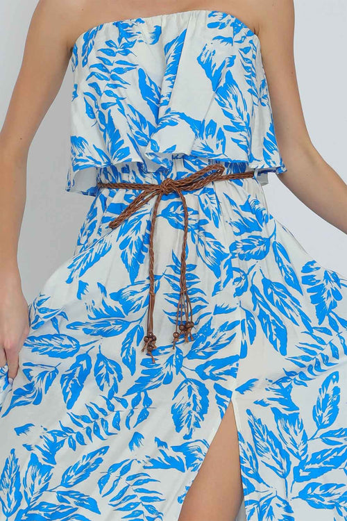 White Blue Belted Maxi Dress details