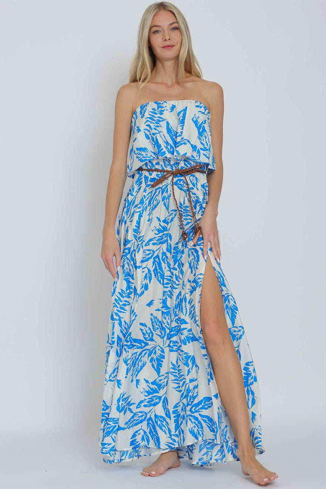White Blue Belted Maxi Dress