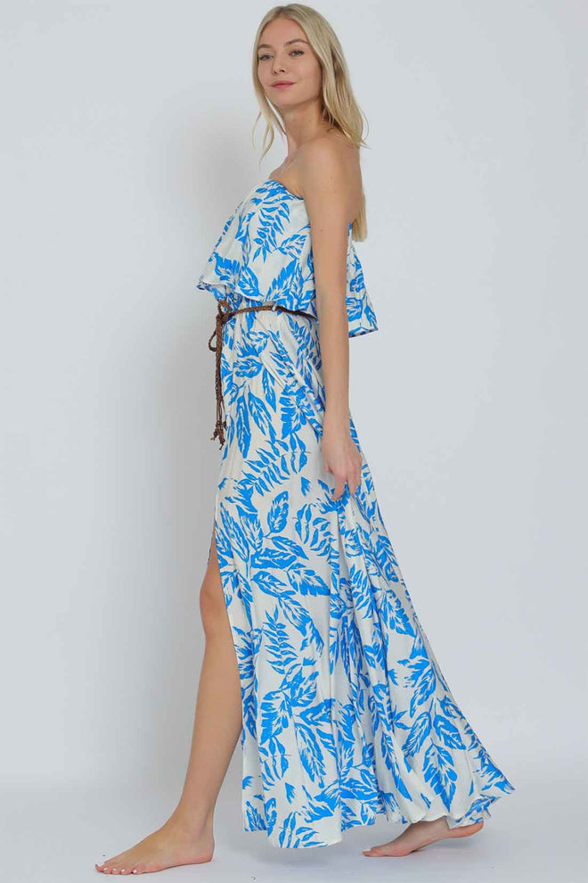 White Blue Belted Maxi Dress side