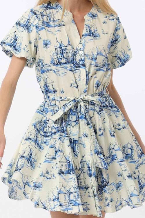 Ivory Blue Bubble Belted Mini Dress detail