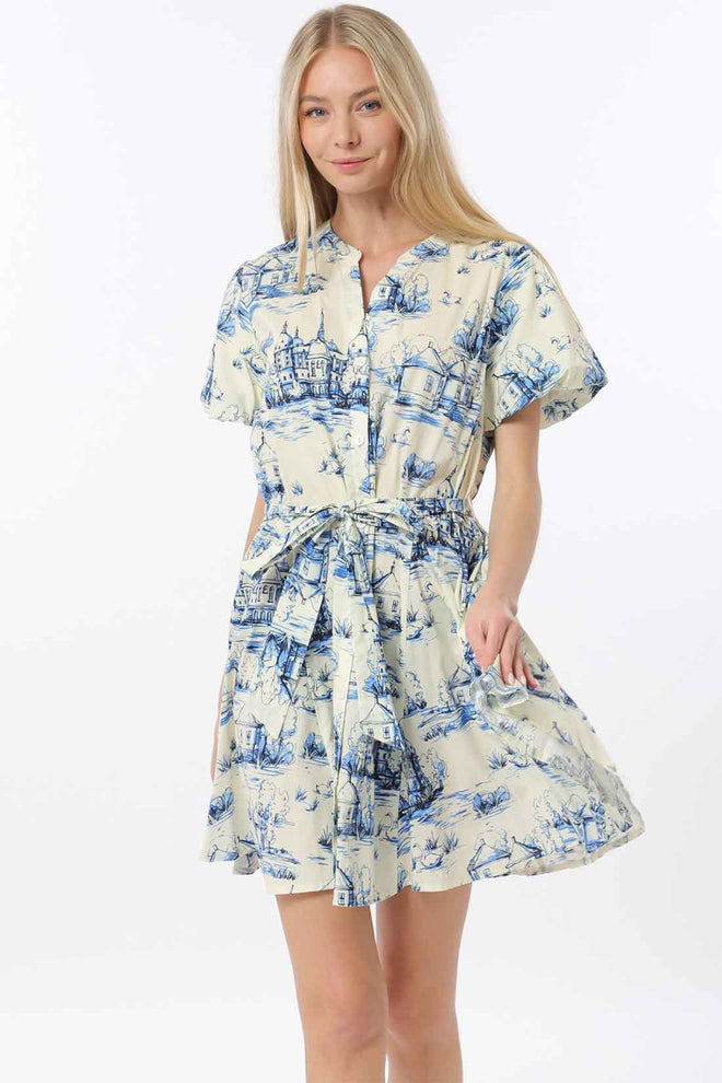 Ivory Blue Bubble Belted Mini Dress front