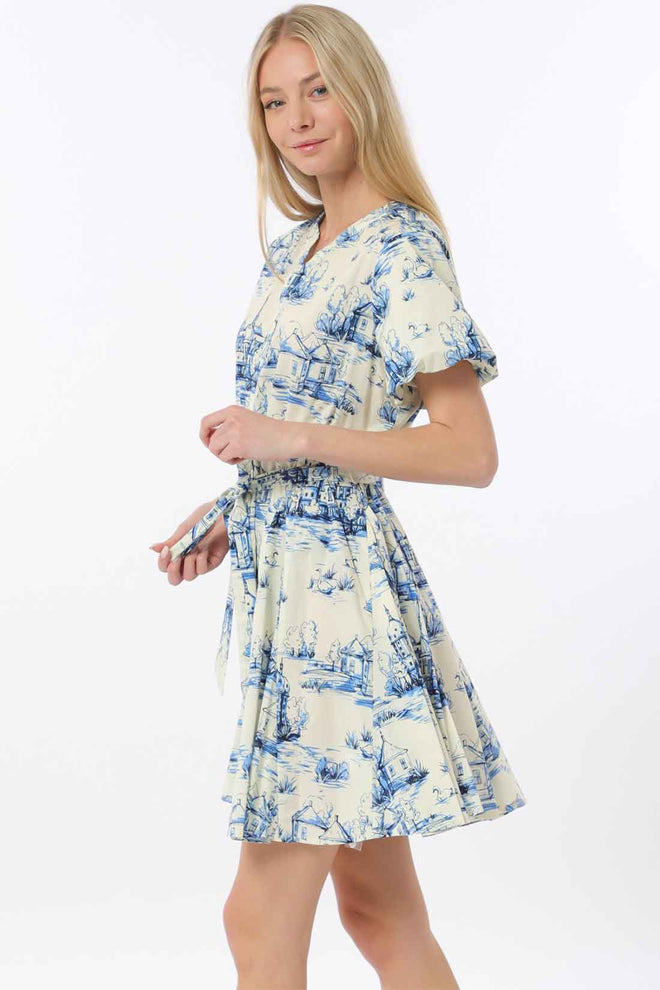 Ivory Blue Bubble Belted Mini Dress side