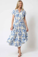 Ivory Blue Belted Midi Dress
