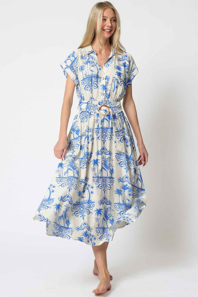 Ivory Blue Belted Midi Dress