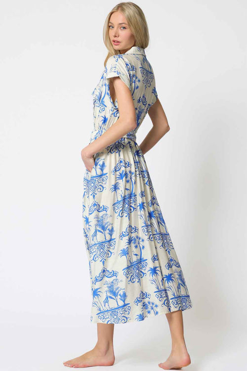 Ivory Blue Belted Midi Dress back