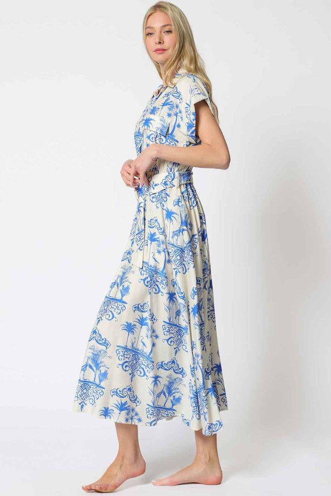 Ivory Blue Belted Midi Dress side