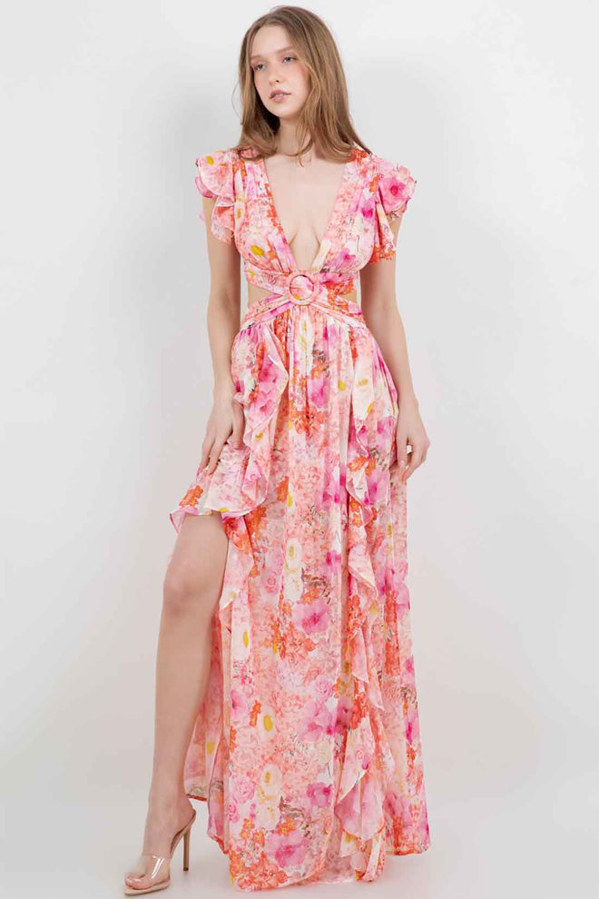 Coral Floral Cutout Maxi Dress
