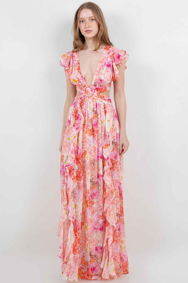 Coral Floral Cutout Maxi Dress front