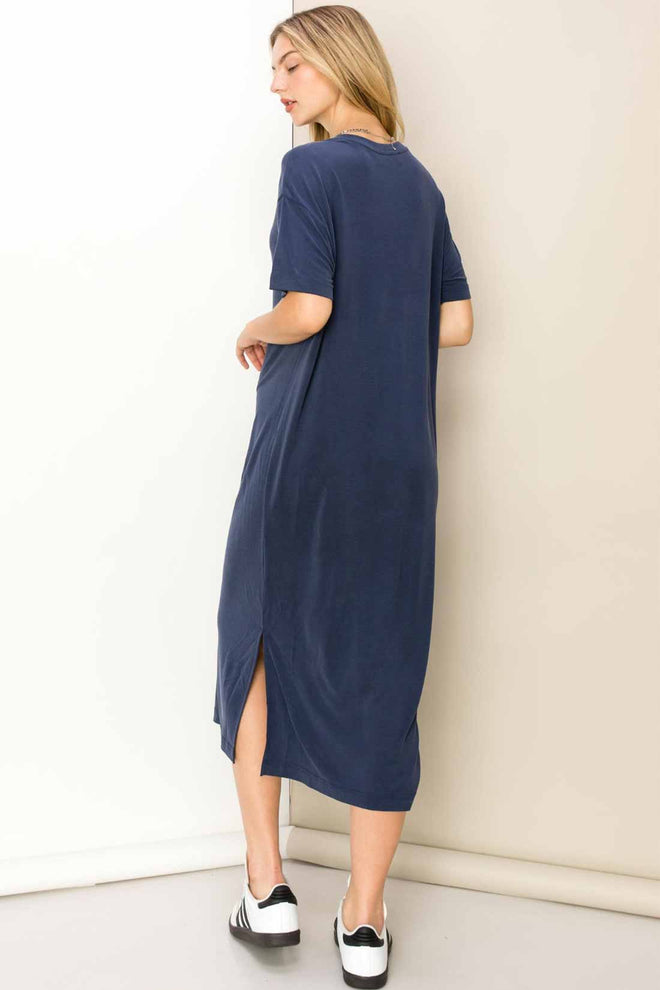 Carla Navy Short Sleeve Midi Dress back