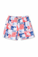 Patchwork-style swim shorts with floral patterns on a white background