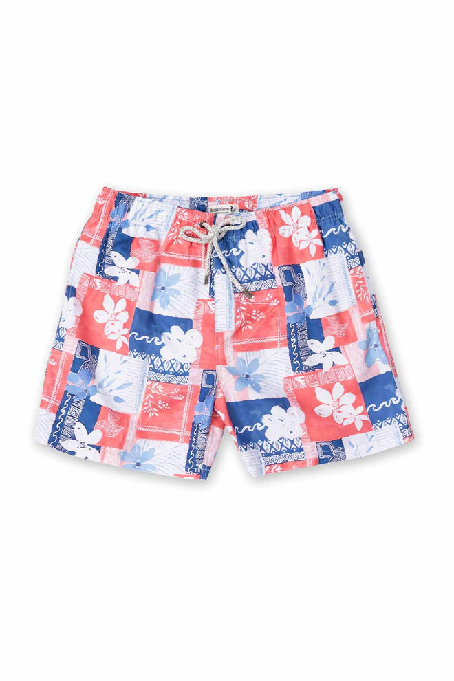 Patchwork-style swim shorts with floral patterns on a white background