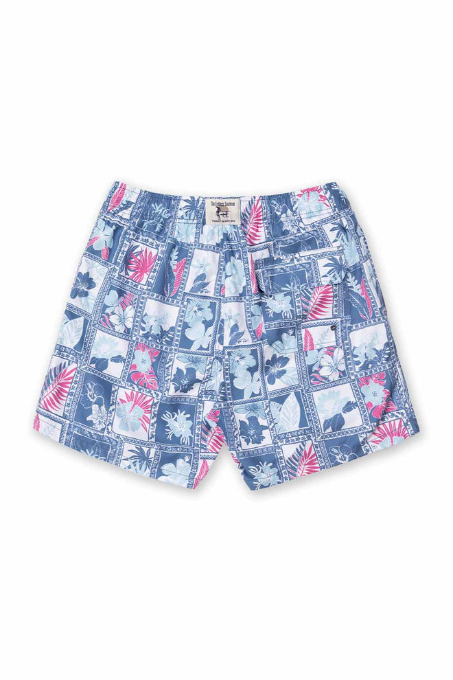Blue shorts with colorful pattern on a white background