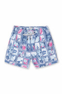 Blue patterned shorts on a white background