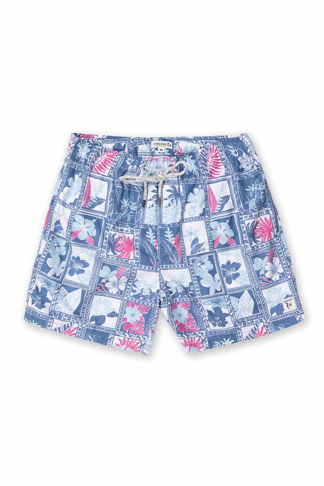 Blue patterned shorts on a white background