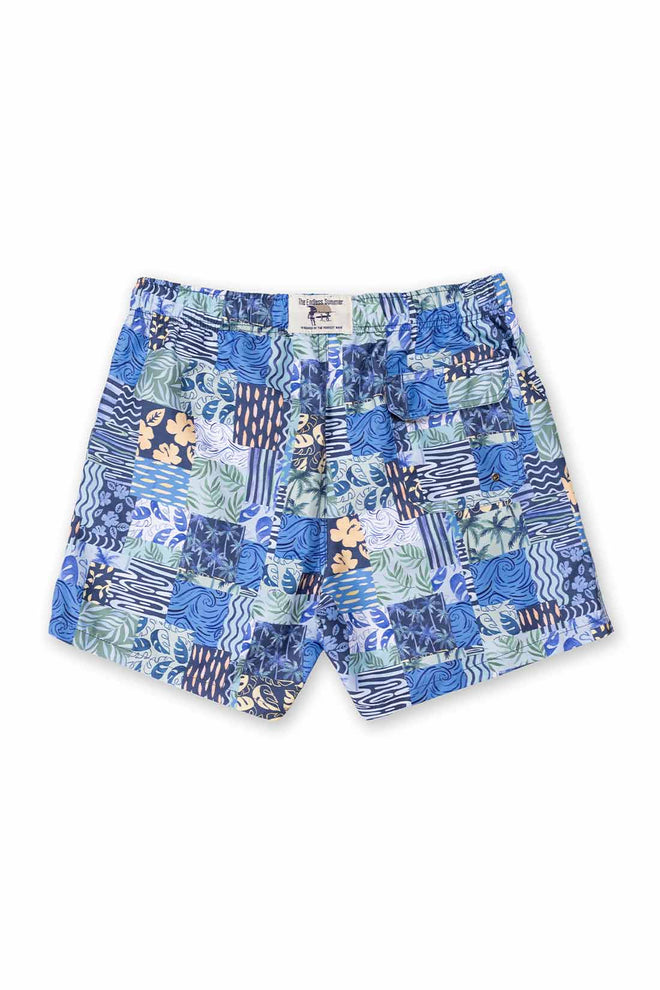 Blue patterned shorts on a white background