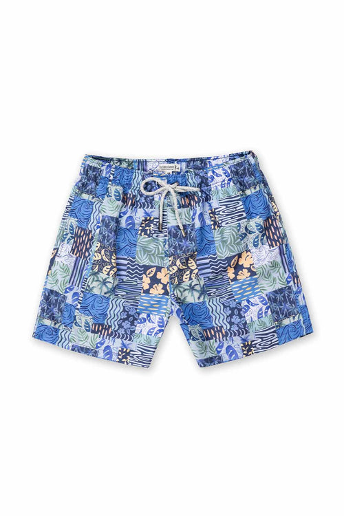 Blue patterned shorts on a white background