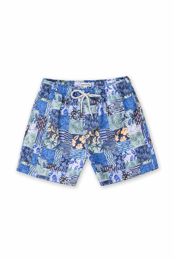 Blue patterned shorts on a white background