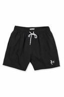 Black shorts with a white drawstring and logo on a white background