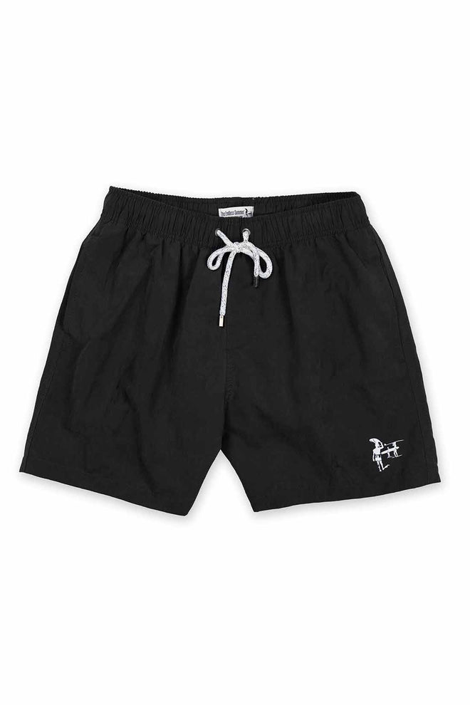 Black shorts with a white drawstring and logo on a white background