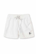 White shorts with a small logo on a white background