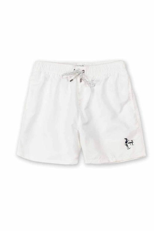 White shorts with a small logo on a white background