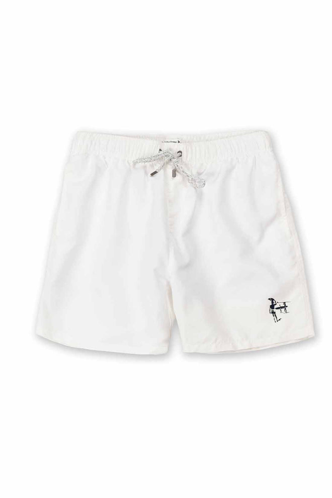 White shorts with a small logo on a white background