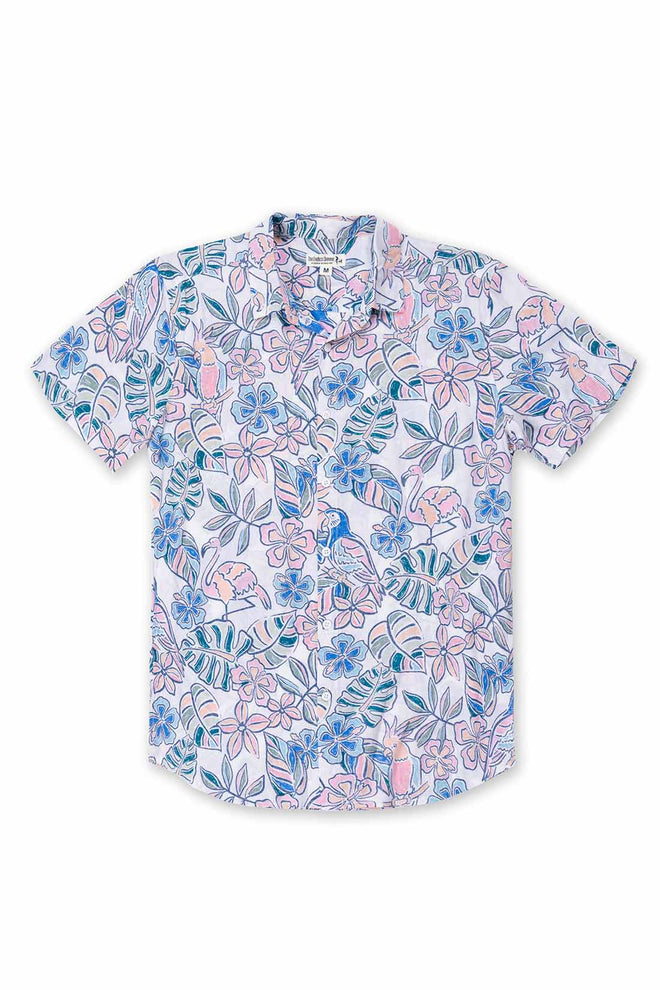 Short-sleeve shirt with a colorful floral pattern on a white background