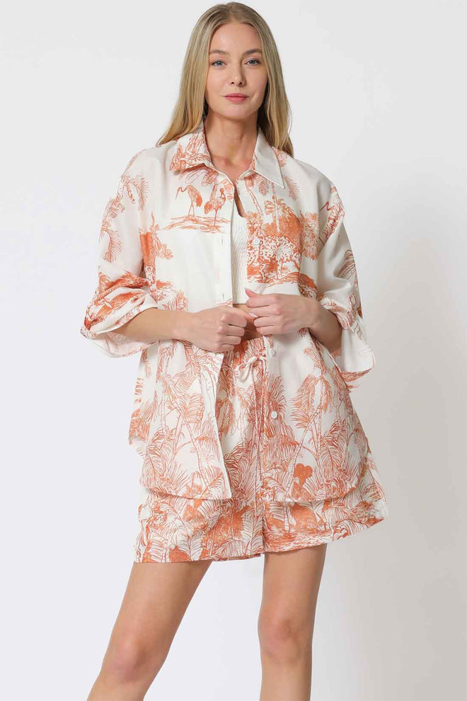 Ivory Brown Printed Shorts Set
