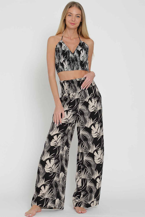 Black Printed Smocked Pants Set front