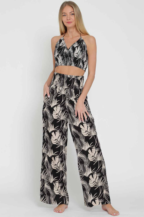 Black Printed Smocked Pants Set
