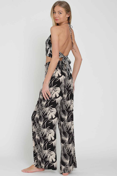 Black Printed Smocked Pants Set back