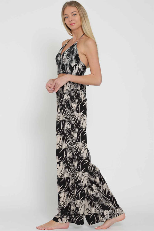 Black Printed Smocked Pants Set side