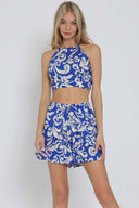 Blue Printed Halter Shorts Set