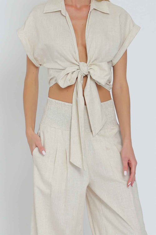 Oatmeal Tie Front Pants Set details