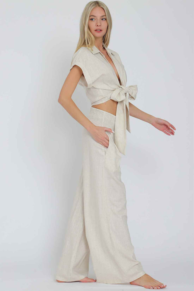 Oatmeal Tie Front Pants Set side