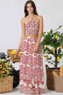 Red Printed Smocked Pants Set