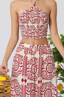 Red Printed Smocked Pants Set detail