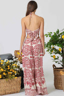 Red Printed Smocked Pants Set back