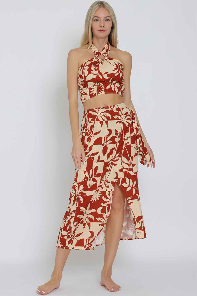 Rust Tan Halter Tie Skirt Set