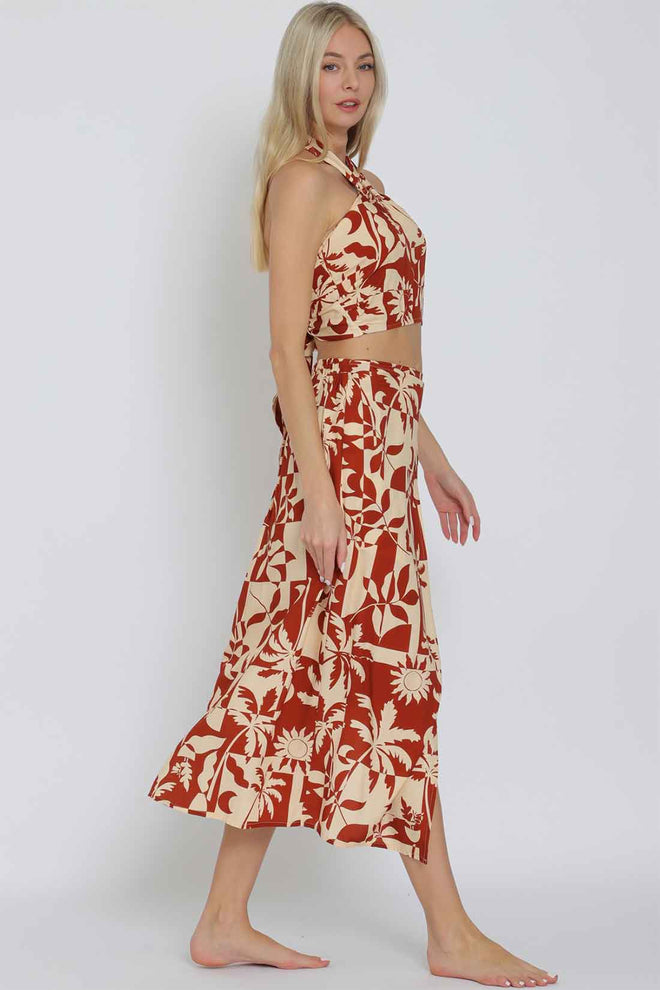 Rust Tan Halter Tie Skirt Set side